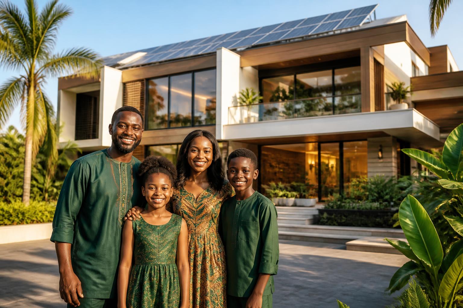 Happy Nigerian family in front of a modern eco-home with rooftop solar panels